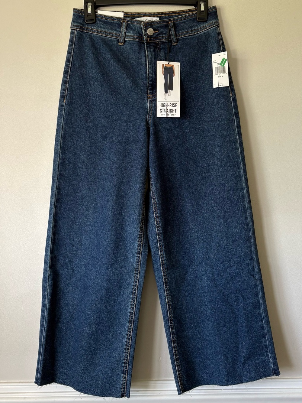 NWT Vanilla Star High Rise Straight Wide Leg Raw Hem Jeans Size 6 / 27 Dark Wash